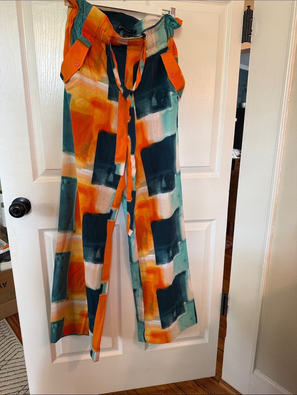 Wide Leg Tie-Waist Slacks in Orange & Teal